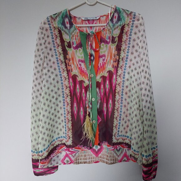 Zara Feather Trim Semi-Sheer  Geometric/Floral Printed Blouse, Size XS - Picture 2 of 10